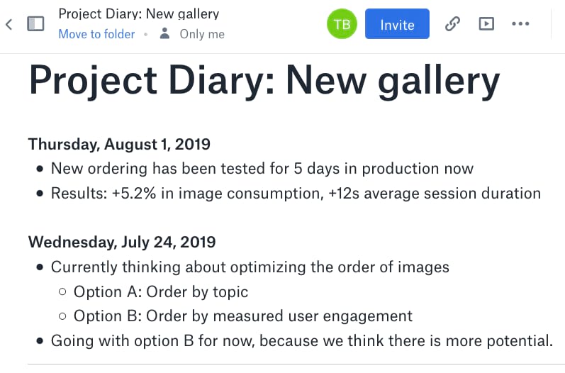 An example project diary describing a decision and its outcome